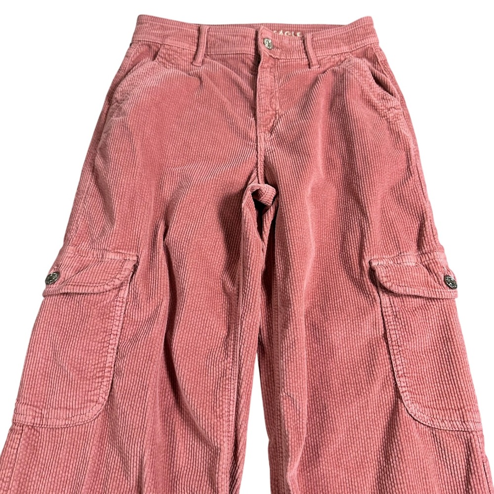 American Eagle Womens Wide Leg Pink Corduroy Cargo Pants Size 0 Regular